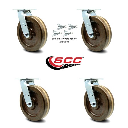 Service Caster 8 Inch High Temp Phenolic Swivel Caster Set with Roller Bearing and Swivel Lock SCC-30CS820-PHRHT-BSL-4
